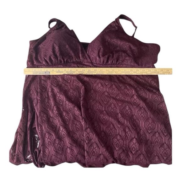 Swimsuits For All Wine Crochet Side Slit V-Neck Swim Dress Plus Size 32 Burgundy - Picture 7 of 13
